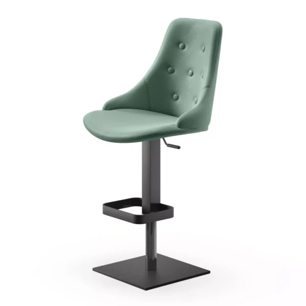 Red upholstered Glamour SB chair by Peressini on dark-stained wooden four-leg base, shown from a three-quarter angle in a studio environment.