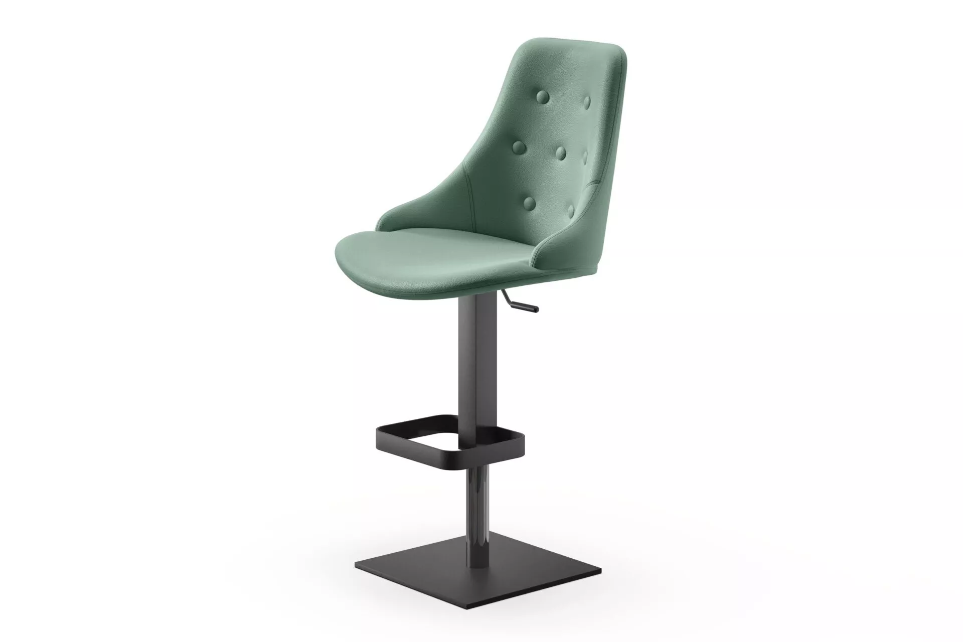 Red upholstered Glamour SB chair by Peressini on dark-stained wooden four-leg base, shown from a three-quarter angle in a studio environment.