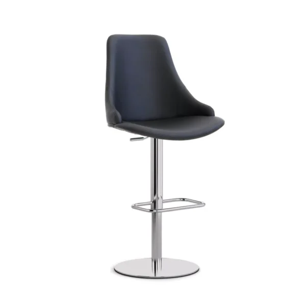 Pale blue upholstered Glamour S chair by Peressini with dark stained wooden four‑leg base, backrest tapering seamlessly into cushioned seat.