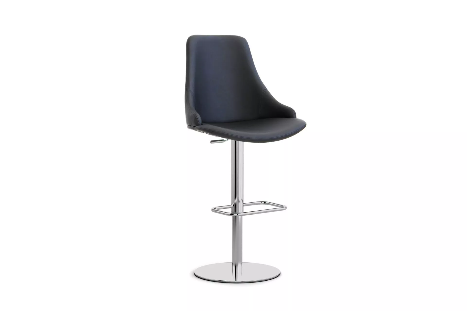 Pale blue upholstered Glamour S chair by Peressini with dark stained wooden four‑leg base, backrest tapering seamlessly into cushioned seat.