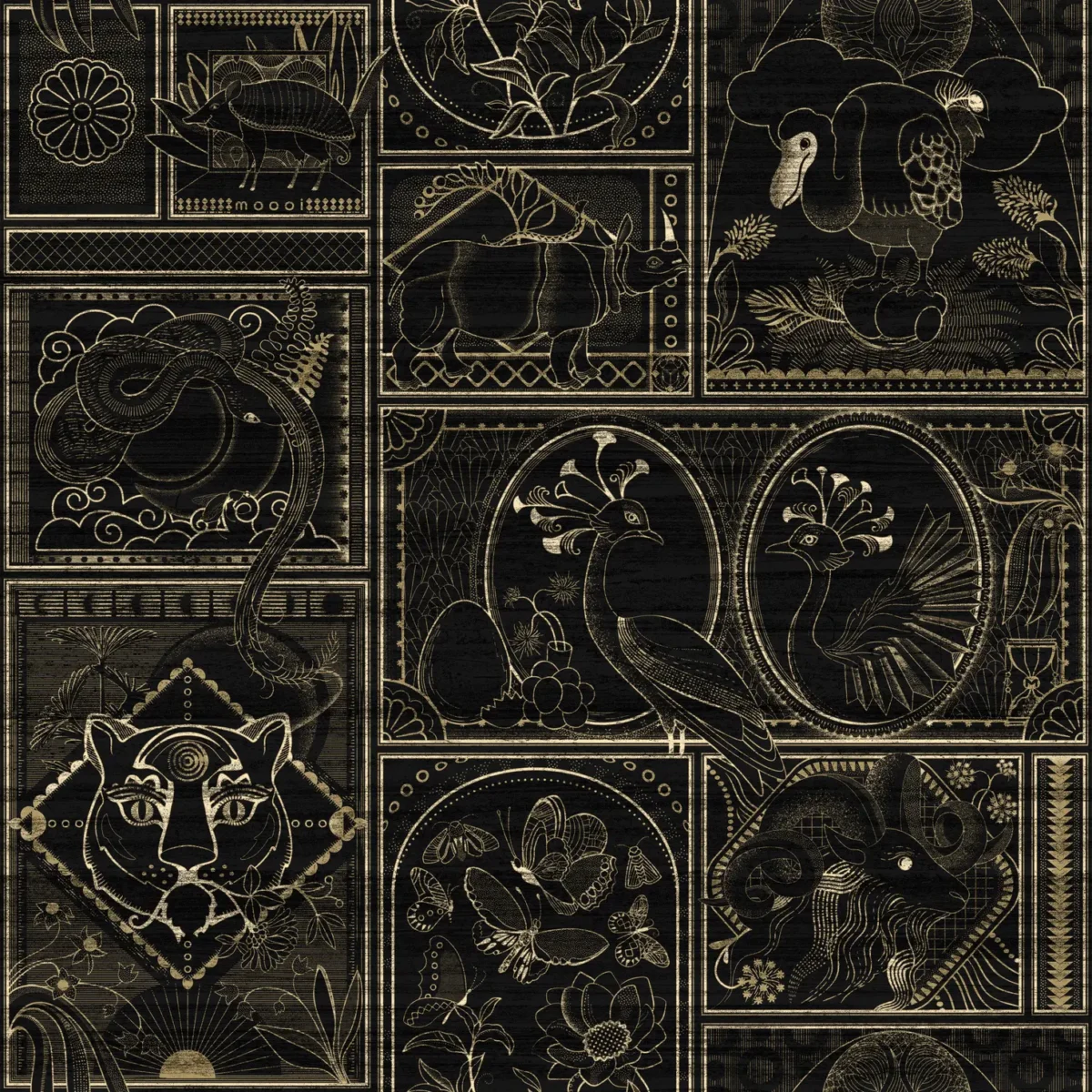 Golden Tiger Wallcovering Moooi luxury wallpaper with gold foil and wood veneer depicting extinct animal in Ebony color