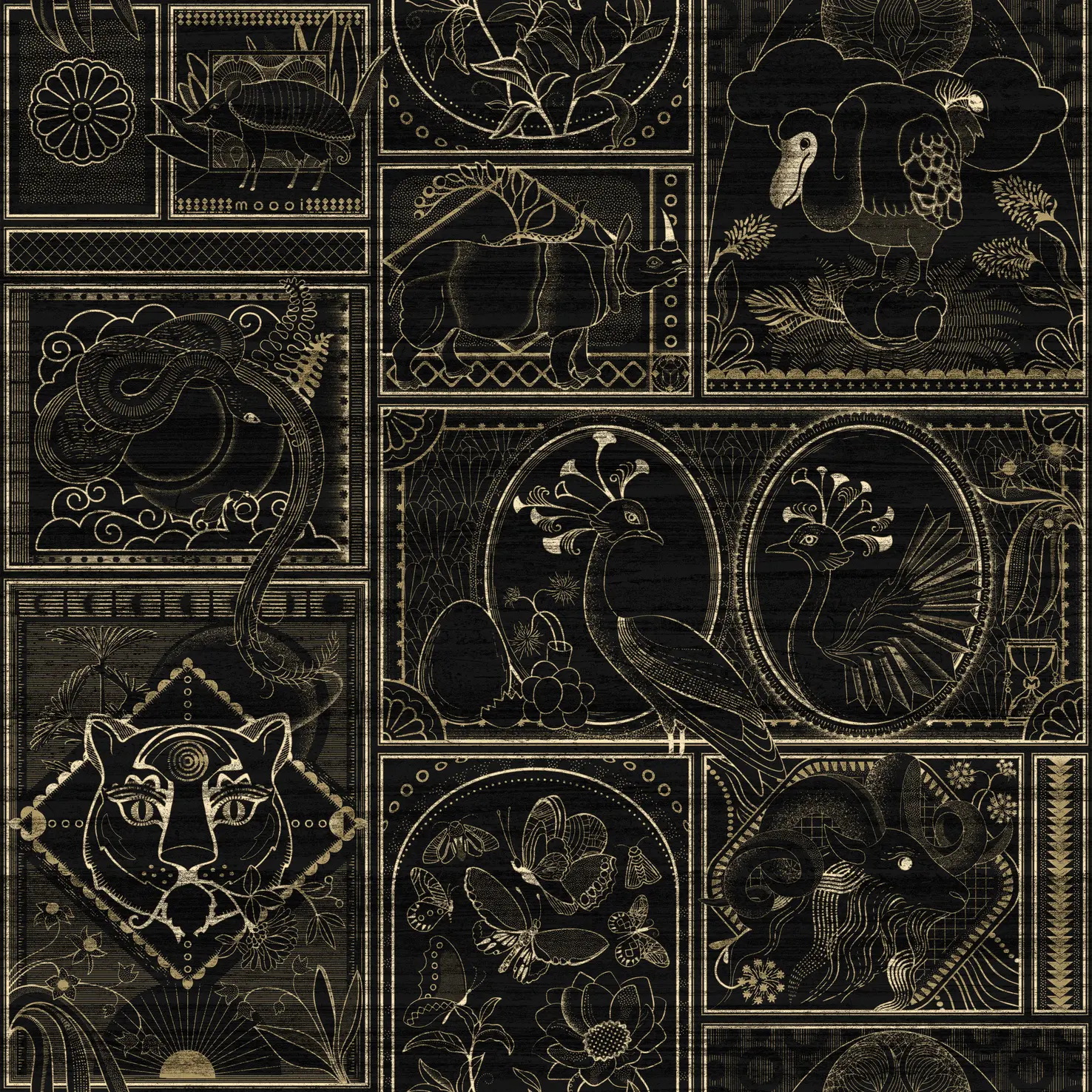 Golden Tiger Wallcovering Moooi luxury wallpaper with gold foil and wood veneer depicting extinct animal in Ebony color