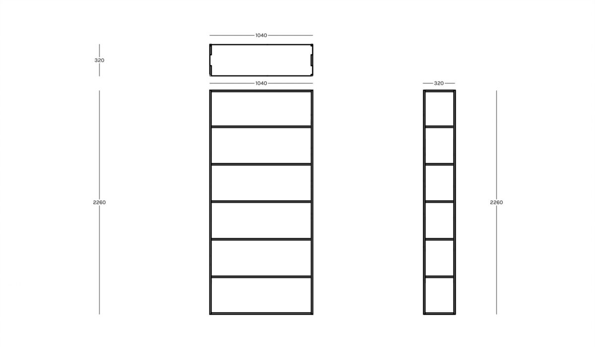 Open-frame shelving unit with sleek steel structure by Zeusnoto.