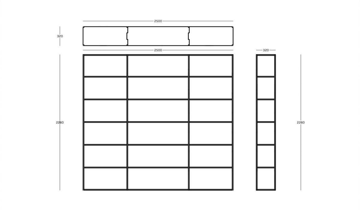 Minimalist steel shelf unit with integrated storage boxes by Zeusnoto.