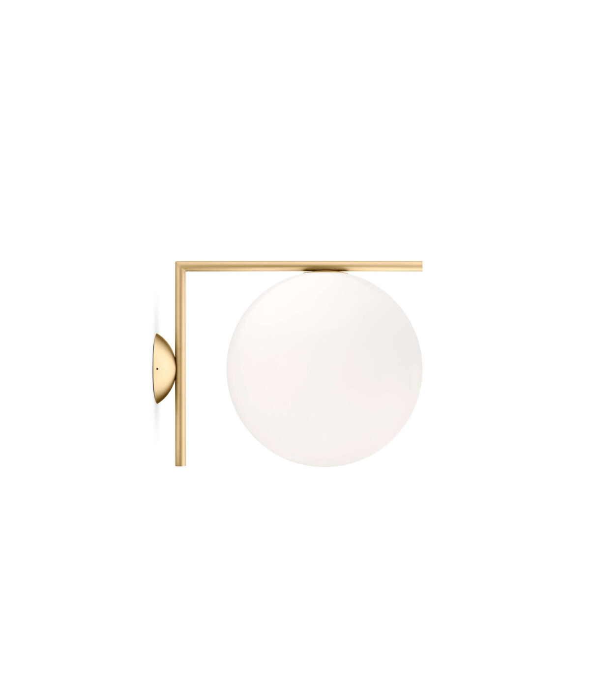 A contemporary Flos IC Lights C/W2 wall or ceiling lamp with a large, spherical white opaline glass diffuser poised on a slender, L-shaped metal arm, providing diffused light.