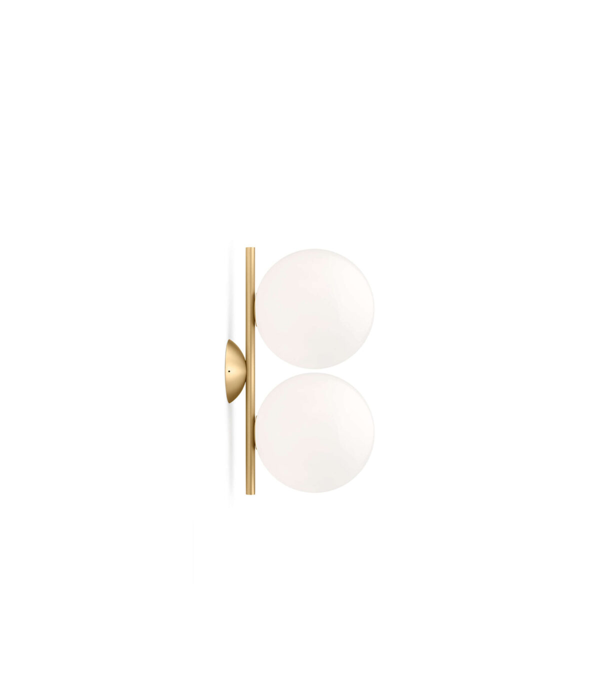 A contemporary Flos IC Lights C/W1 Double wall or ceiling lamp, featuring two spherical white opaline glass diffusers balanced on a slender, vertical metal rod, providing diffused ambient light.
