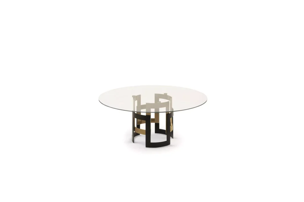 Imperial Round by Bontempi – Ø180 cm table in walnut veneer on top and natural‑silver lacquered twin‑ring base.