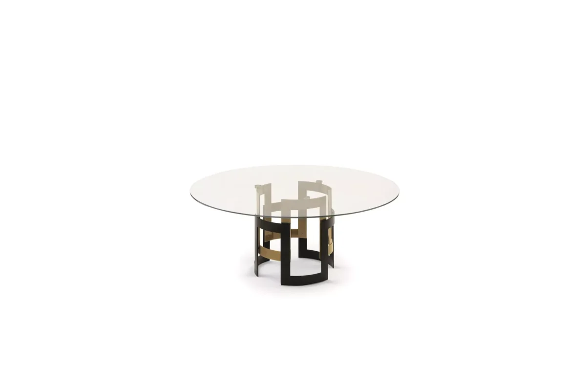Imperial Round by Bontempi – Ø180 cm table in walnut veneer on top and natural‑silver lacquered twin‑ring base.