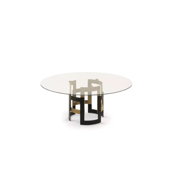 Imperial Round by Bontempi – Ø180 cm table in walnut veneer on top and natural‑silver lacquered twin‑ring base.