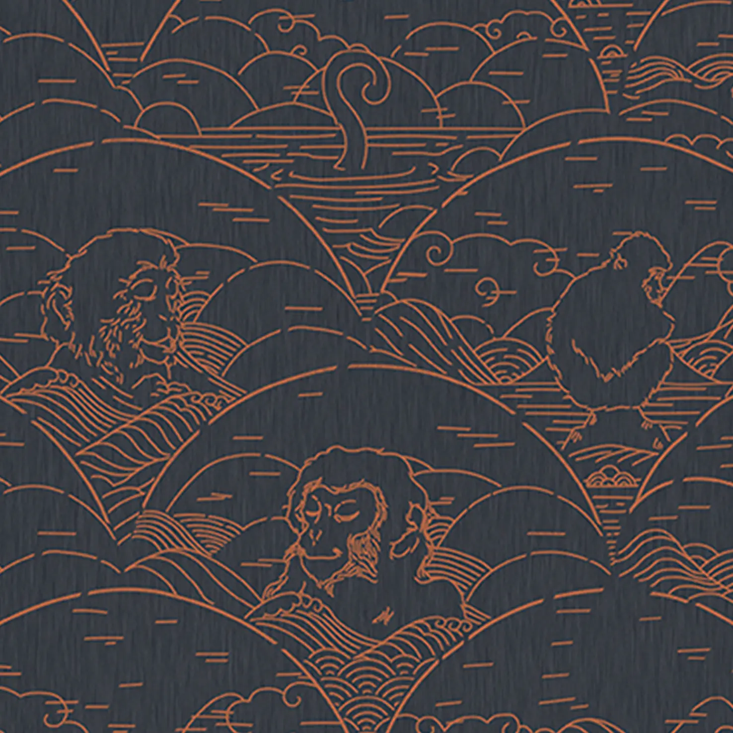 “Moooi Indigo Macaque wallcovering depicting stylized blue macaque monkeys on neutral backdrop”