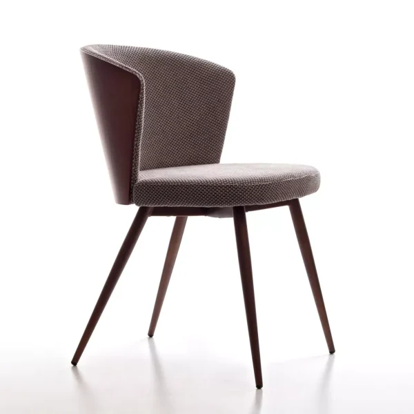 Ines W bar stool upholstered in medium‑grey fabric with curved wrap‑around backrest, mounted on chrome gas‑lift column and square base.