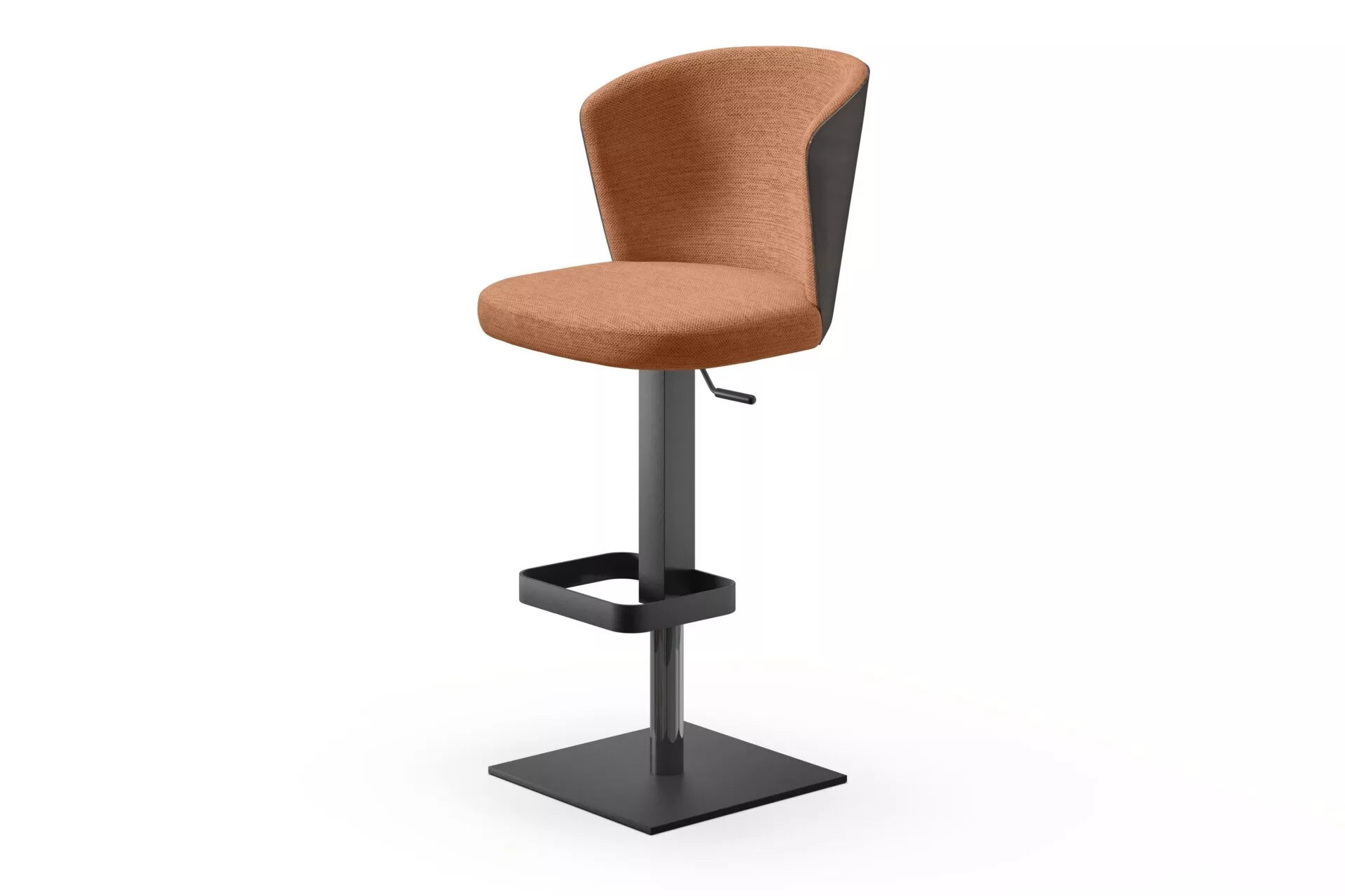 Ines W bar stool by Peressini upholstered in two-tone grey fabric, with wrap-around backrest above a sleek chrome gas-lift column and square base in a modern kitchen.