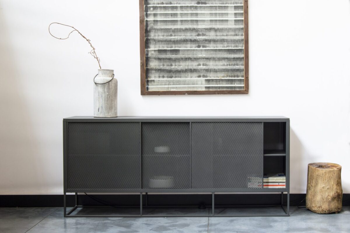 Modern sideboard with clean lines and steel frame by Zeusnoto.