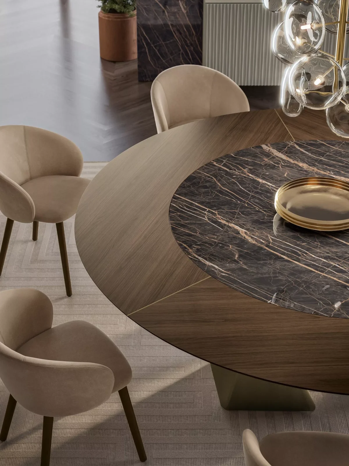 Top view of Kaleido table by Bontempi featuring polygonal shapes and mixed materials.