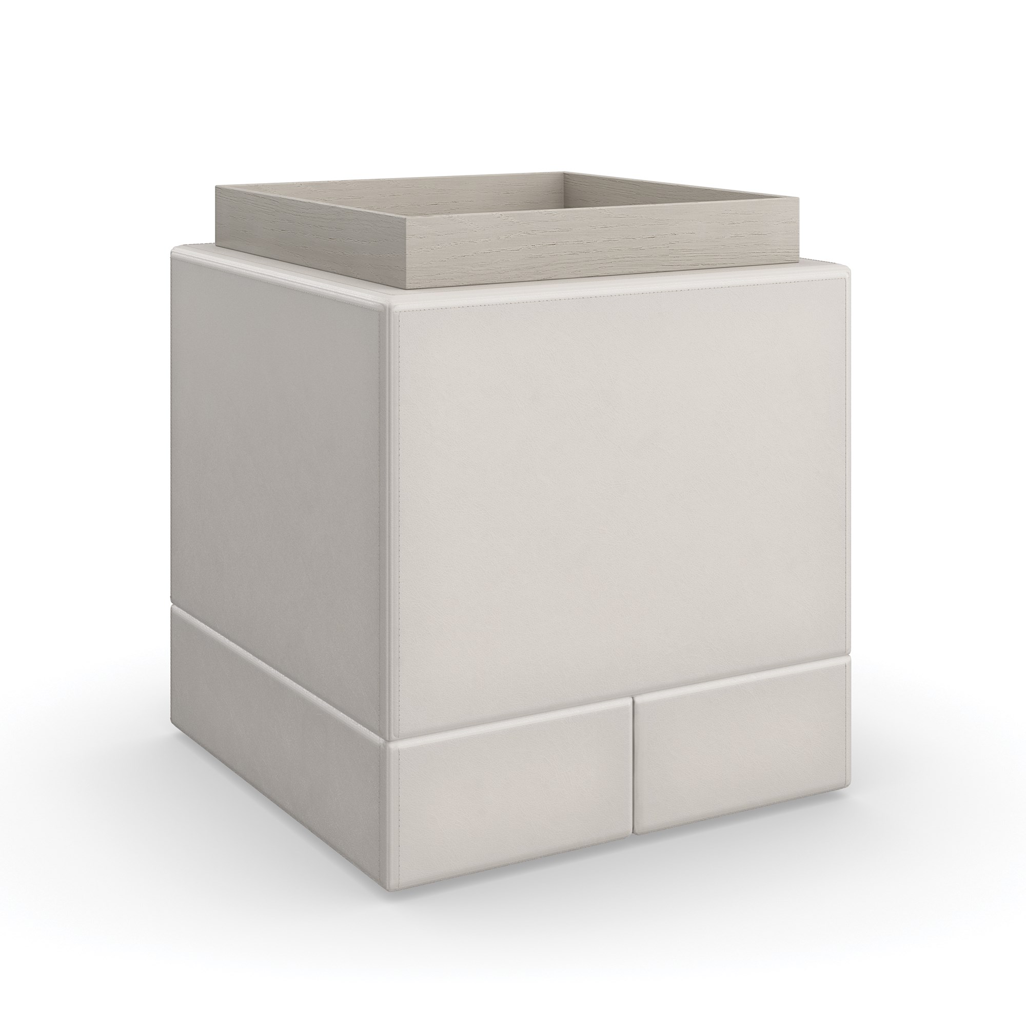 Bindi Side Table by Caracole – Upholstered in luxurious taupe leather with double stitch details and gently rounded edges.