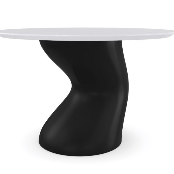 Jose Dining Table by Caracole featuring a luxurious Caspian white stone top and a curvaceous matte black resin base, offering a modern aesthetic with timeless elegance, perfect for urban spaces and intimate dining experiences