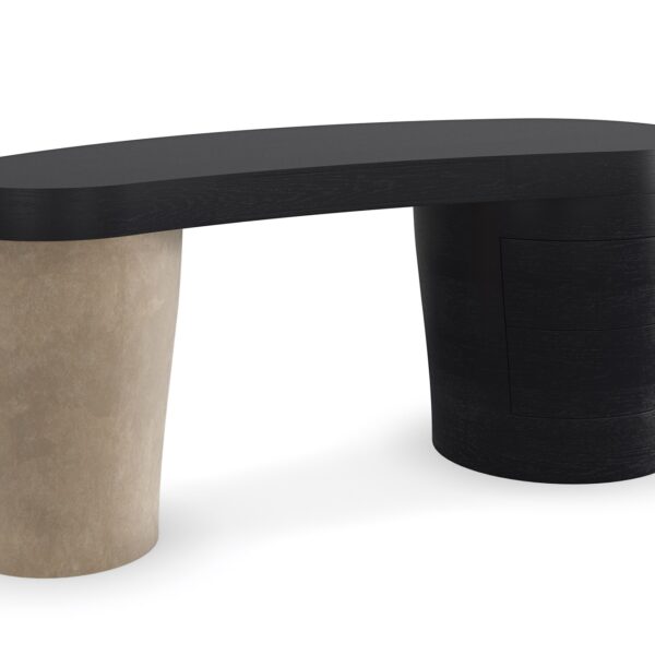 A sculptural desk featuring a wood veneer top in Basalt finish, complemented by rounded legs upholstered in soft suede fabric, offering a blend of elegance and functionality.