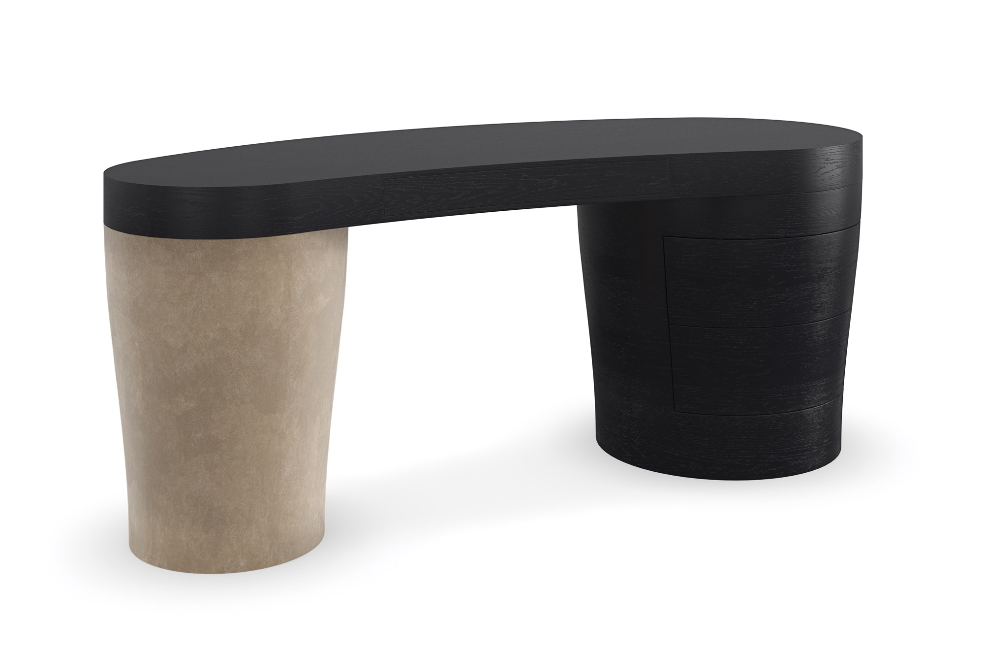 A sculptural desk featuring a wood veneer top in Basalt finish, complemented by rounded legs upholstered in soft suede fabric, offering a blend of elegance and functionality.