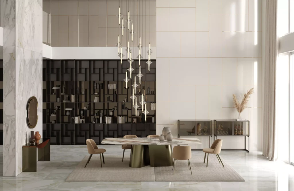 Modern Kimono table by Bontempi featuring an elegant metal base and ceramic top.