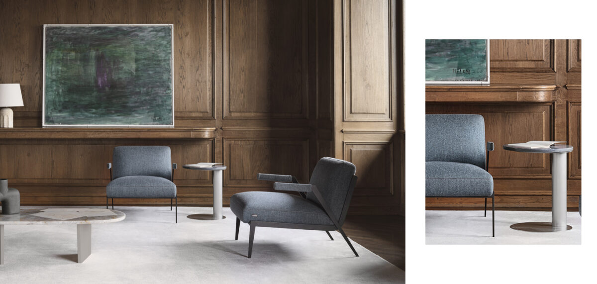Lima armchair by Nicoline Italia with a sleek metal frame and plush seat, perfect for modern interiors in Royal Oak, Michigan.