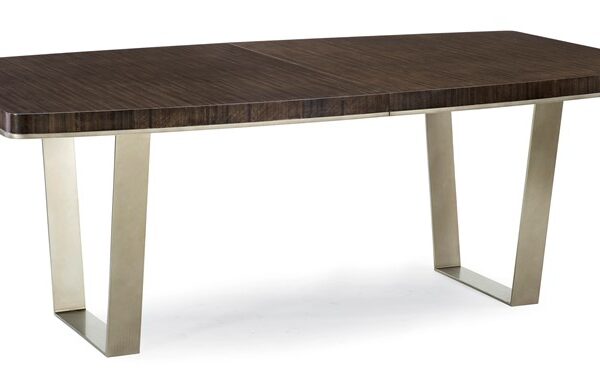 Caracole Streamline Dining Table with an elegant fumed quartered eucalyptus top, accented with smoked bronze detailing, perfect for modern dining spaces.