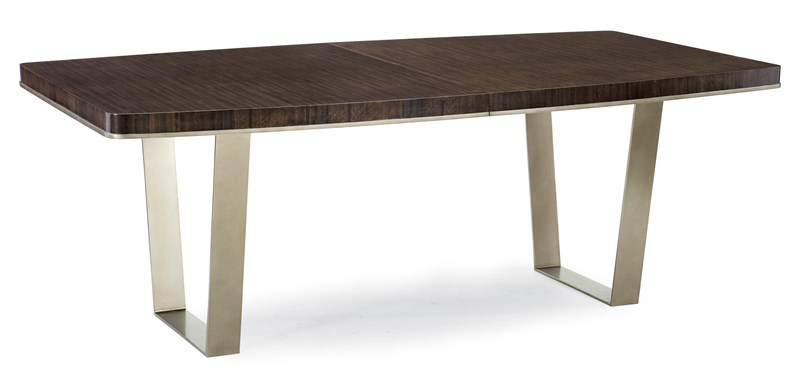 Caracole Streamline Dining Table with an elegant fumed quartered eucalyptus top, accented with smoked bronze detailing, perfect for modern dining spaces.