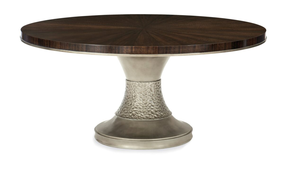 Moderne Dining Table by Caracole – Round pedestal table with Aged Bourbon finish and Smoked Bronze base. Ideal for modern dining rooms in Royal Oak, Michigan.