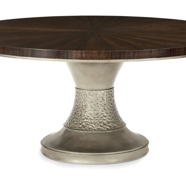 Moderne Dining Table by Caracole – Round pedestal table with Aged Bourbon finish and Smoked Bronze base. Ideal for modern dining rooms in Royal Oak, Michigan.