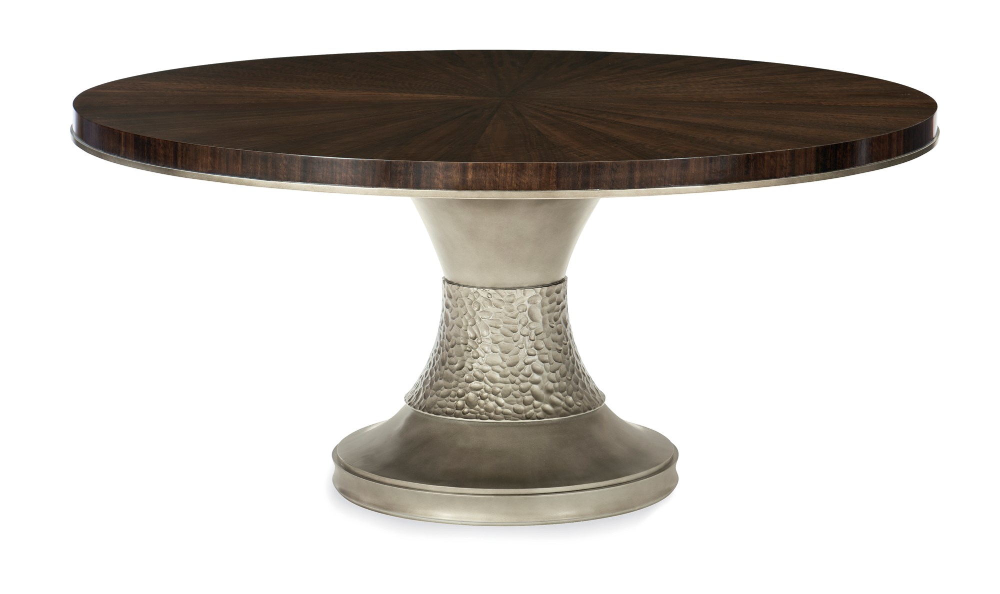 Moderne Dining Table by Caracole – Round pedestal table with Aged Bourbon finish and Smoked Bronze base. Ideal for modern dining rooms in Royal Oak, Michigan.