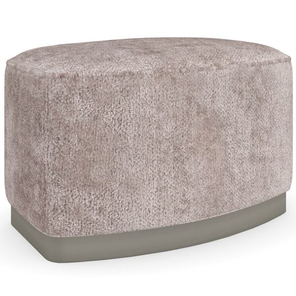 Small Wonder Ottoman by Caracole in luxurious cerulean and smoke cut velvet, featuring a plush poly foam cushion and a Soft Silver Paint-finished plinth base, offering a chic and glamorous accent piece.