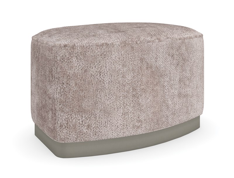 Small Wonder Ottoman by Caracole in luxurious cerulean and smoke cut velvet, featuring a plush poly foam cushion and a Soft Silver Paint-finished plinth base, offering a chic and glamorous accent piece.
