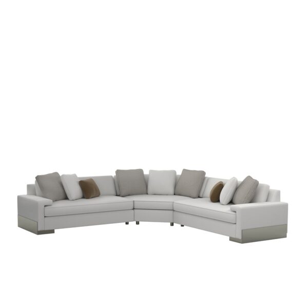 Caracole I'm Shelf-ish 3PC Sectional featuring a neutral linen-like fabric with a modern herringbone pattern, wide shelf-arm design, concealed pop-up charging station, and Smoked Sable-finished Fumed Gum wood base.