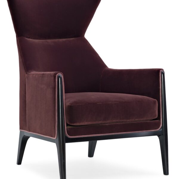 Boundless Chair by Caracole in rich eggplant mo-velvet with amethyst velvet welt, featuring a tight angular back with seam detail, loose Blendown cushion, and slim birch wood frame finished in Satin Ebony