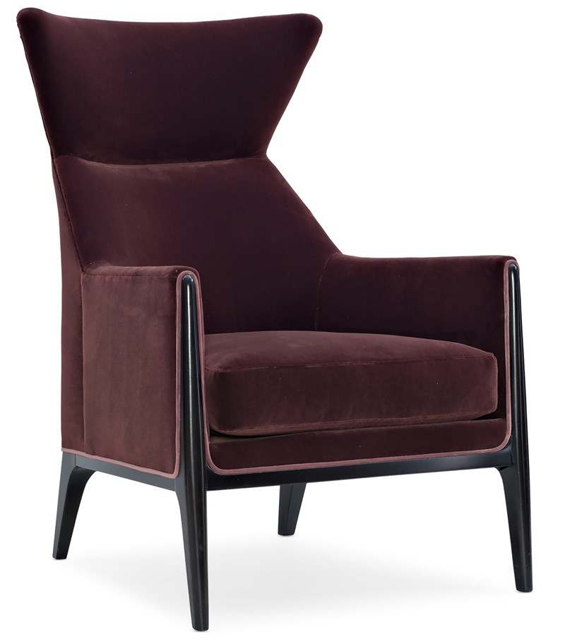 Boundless Chair by Caracole in rich eggplant mo-velvet with amethyst velvet welt, featuring a tight angular back with seam detail, loose Blendown cushion, and slim birch wood frame finished in Satin Ebony