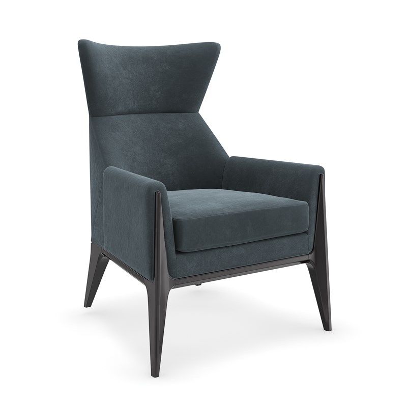 Boundless Chair by Caracole in rich eggplant mo-velvet, featuring a tight angular back with winged tips, amethyst velvet welt, and a slim birch wood frame finished in Satin Ebony.