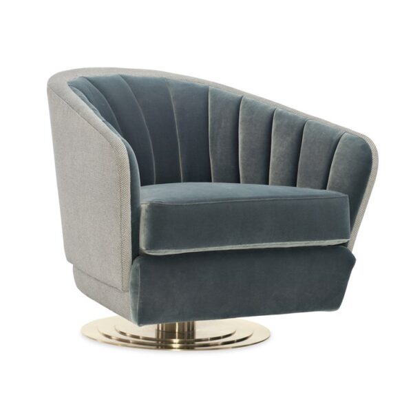 Opal Swivel Chair by Caracole in soft champagne velvet with a deep, plush seat, featuring a Brushed Gold base and luxurious piping for added refinement.