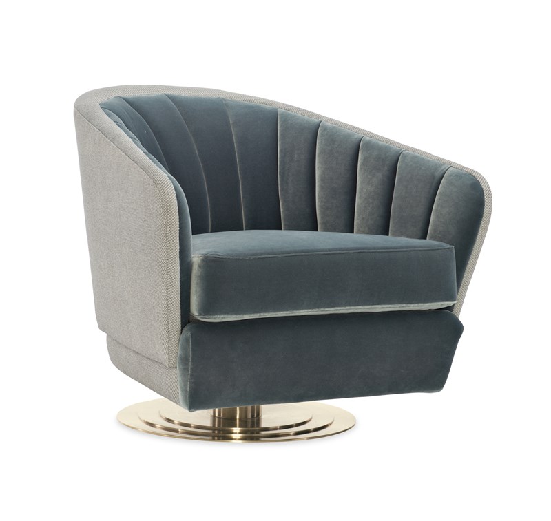 Opal Swivel Chair by Caracole in soft champagne velvet with a deep, plush seat, featuring a Brushed Gold base and luxurious piping for added refinement.