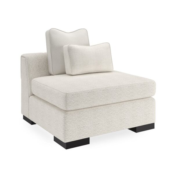 Caracole Edge Armless Chair featuring a fully upholstered design in Performance fabric, complemented by a loose seat cushion and tight back, set on wood feet finished in Satin Ebony, offering a sleek and contemporary silhouette for modern interiors.
