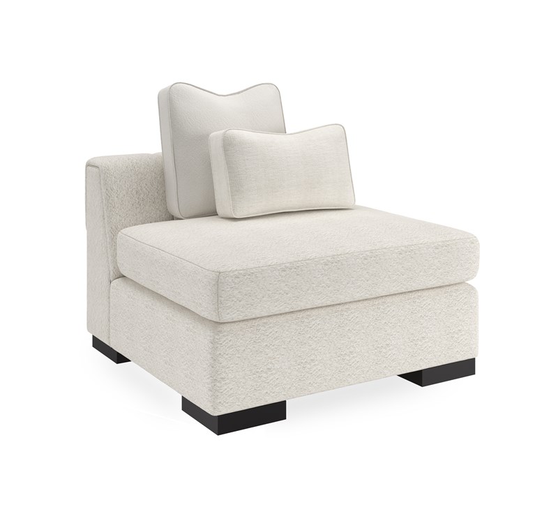 Caracole Edge Armless Chair featuring a fully upholstered design in Performance fabric, complemented by a loose seat cushion and tight back, set on wood feet finished in Satin Ebony, offering a sleek and contemporary silhouette for modern interiors.