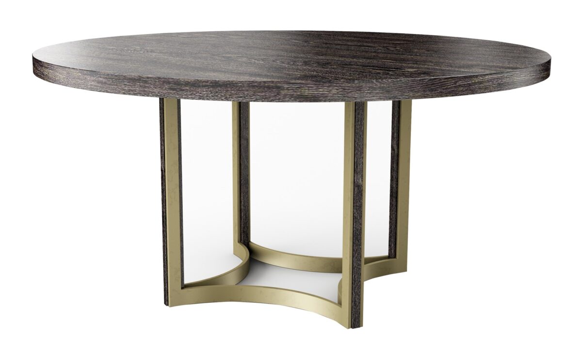 Elegant ReMix Cerused Table by Caracole, featuring a 56-inch round cerused oak top supported by a distinctive base of concave curves finished in bronze metallic paint, with leg inserts in black stained ash, combining modern design with luxurious materials