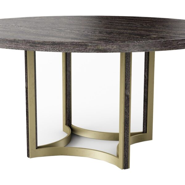 Elegant ReMix Cerused Table by Caracole, featuring a 56-inch round cerused oak top supported by a distinctive base of concave curves finished in bronze metallic paint, with leg inserts in black stained ash, combining modern design with luxurious materials