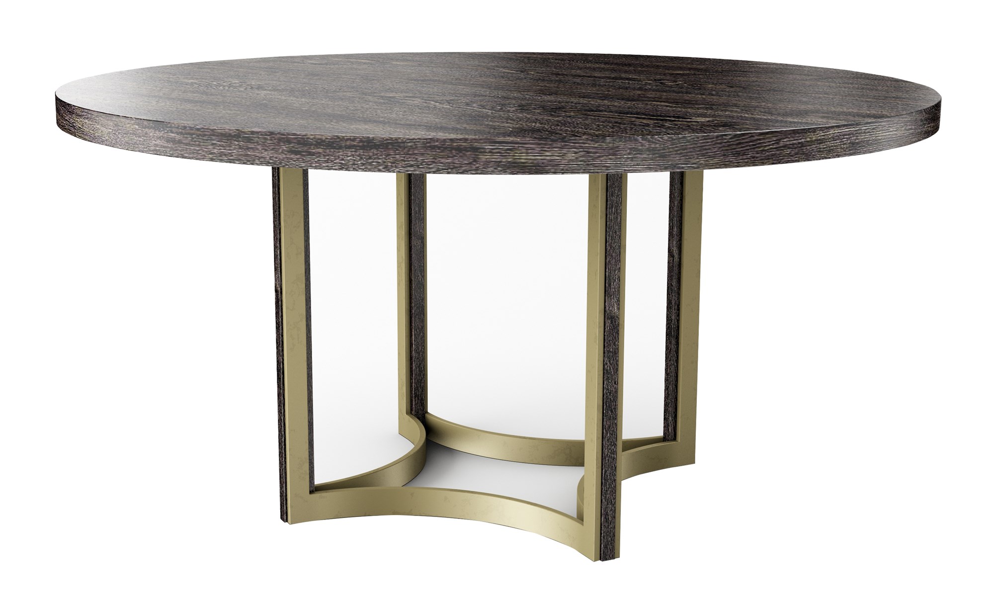 Elegant ReMix Cerused Table by Caracole, featuring a 56-inch round cerused oak top supported by a distinctive base of concave curves finished in bronze metallic paint, with leg inserts in black stained ash, combining modern design with luxurious materials