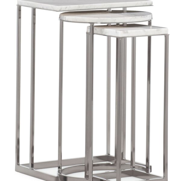 Exposition Nesting End Tables by Caracole – Set of three tables with Plated Nickel metal bases and inset Carrara marble tops in rectangular, oval, and square shapes.