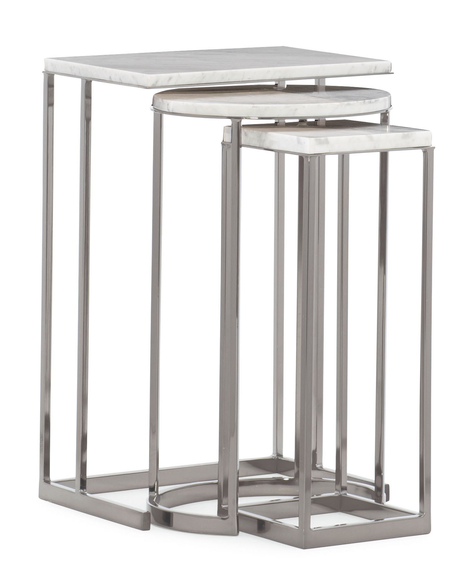 Exposition Nesting End Tables by Caracole – Set of three tables with Plated Nickel metal bases and inset Carrara marble tops in rectangular, oval, and square shapes.