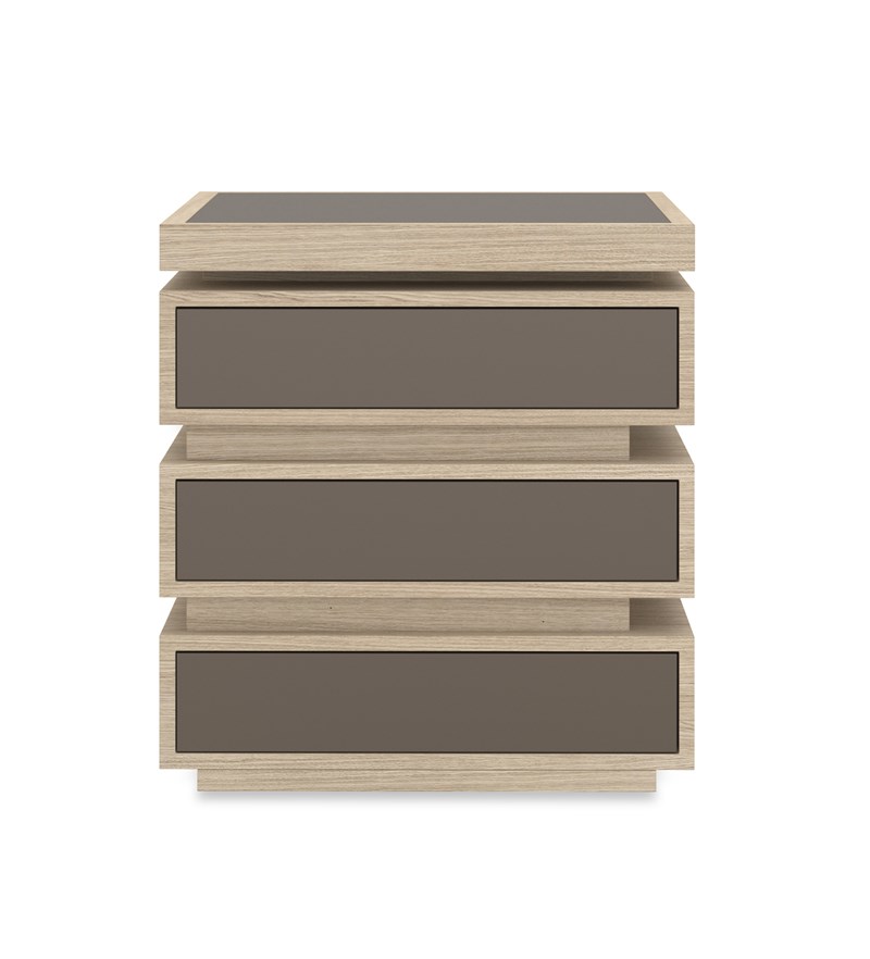 Caracole La Moda End Table Petite featuring tiered Koto wood construction in Dry Martini finish, inset with Smoked Bronze mirrored glass top, two soft-close drawers with bronze mirror fronts, and open center storage, all set on a Neutral Metallic plinth base with hidden casters.
