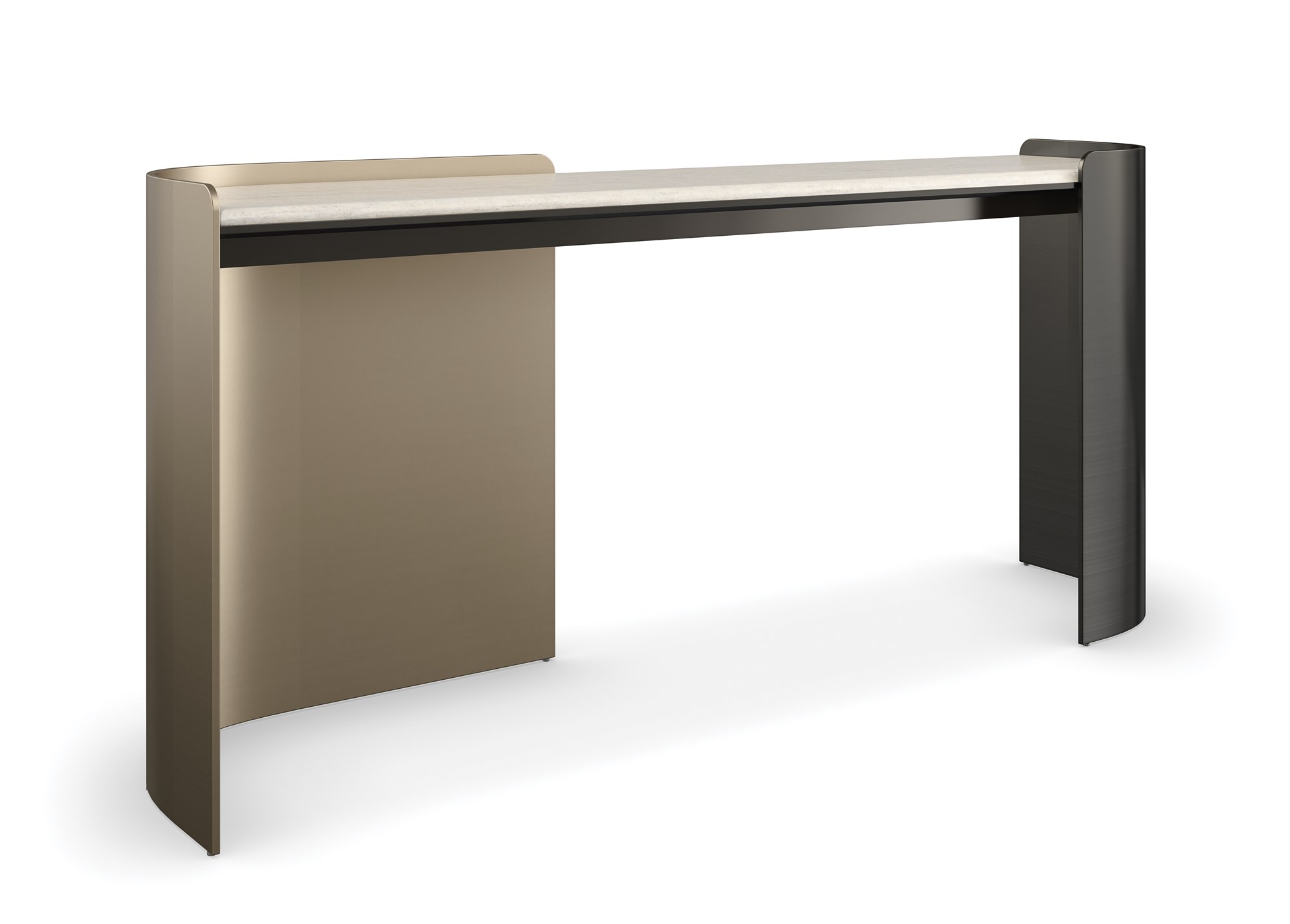 Movement Desk by Caracole – Crème Travertine stone top with Lucent Bronze Plated Metal and Chocolate Bronze metal legs.