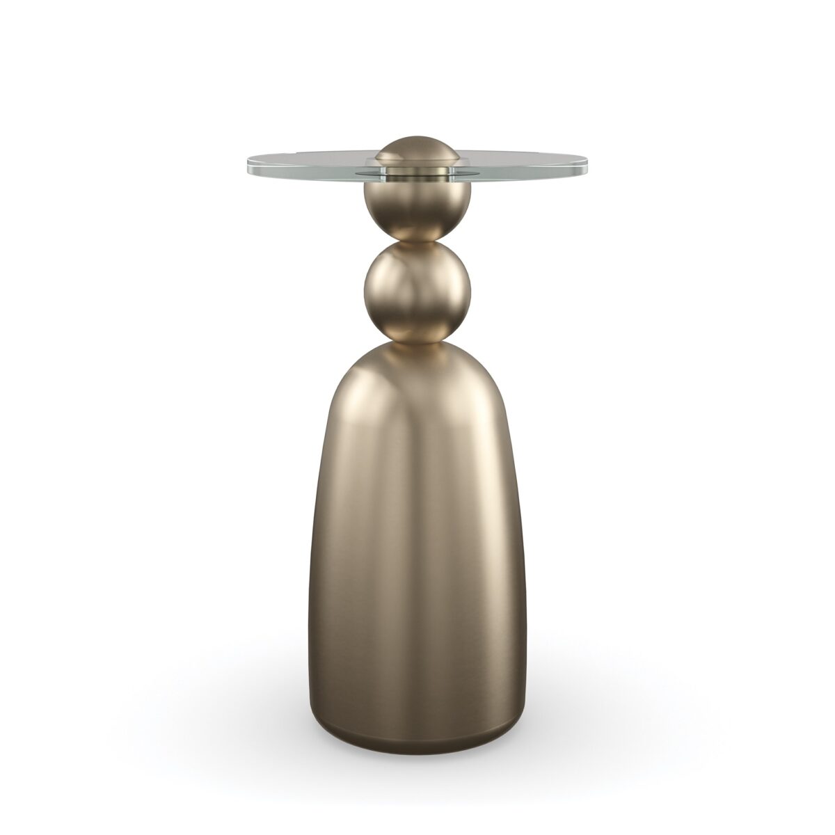 Dissonance Side Table by Caracole – Sculptural resin base in Lucent Bronze Metallic finish with a clear 12mm glass top.
