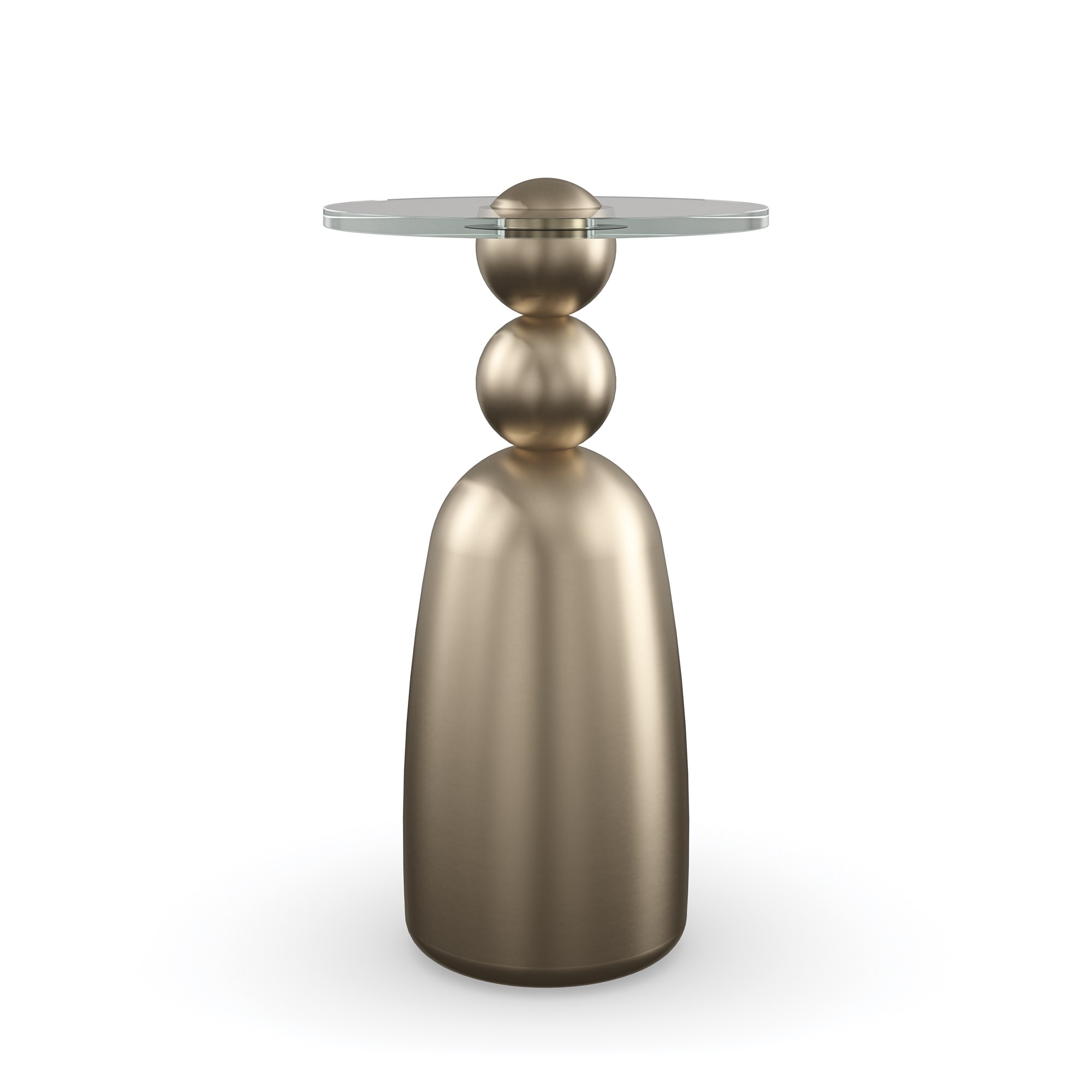 Dissonance Side Table by Caracole – Sculptural resin base in Lucent Bronze Metallic finish with a clear 12mm glass top.