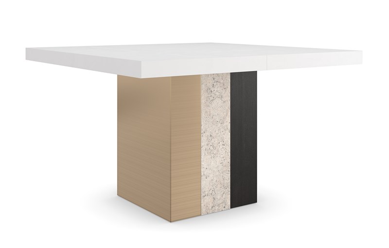 Caracole Unity Dark Dining Table featuring a burnished adobe top and a sleek, sculptural base crafted from cinder-finished oak and lucent bronze metal.