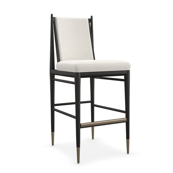 Unity Dark Bar Stool by Caracole featuring a dark upholstered seat and curved backrest.
